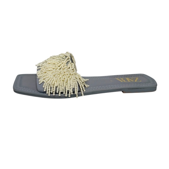 Zara Light Blue Pearl Beads Leather Slides Size 40/9.5 - Picture 3 of 8